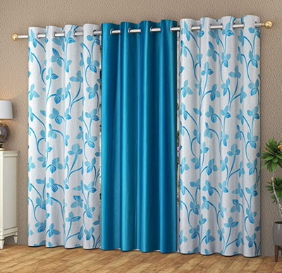 Galaxy Home Decor 153 cm (5 ft) Window Polyester Semi Transparent Curtain (Pack Of 3)(Aqua, Floral)