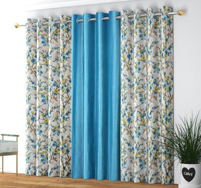 Benchmark 152.4 cm (5 ft) Polyester Room Darkening Window Curtain (Pack Of 3)(Solid, Cream & Aqua)