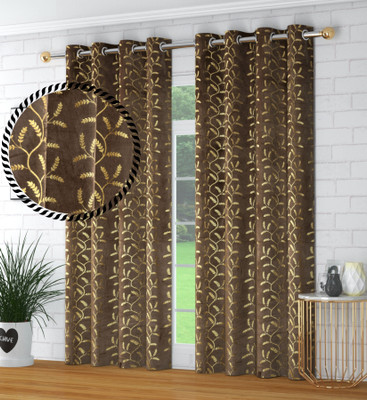 VELOURA 152.4 cm (5 ft) Velvet Room Darkening Window Curtain (Pack Of 2)(Printed, Light Brown)