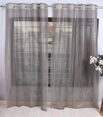 BANAVY 152 cm (5 ft) Window Tissue, Net Semi Transparent Curtain (Pack Of 2)(Grey, Striped)
