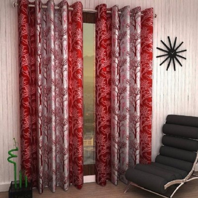 N2C Home 213 cm (7 ft) Polyester Semi Transparent Door Curtain (Pack Of 2)(Floral, Maroon)