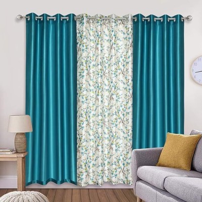 Benchmark 152.4 cm (5 ft) Polyester Room Darkening Window Curtain (Pack Of 3)(Solid, Aqua & Cream)