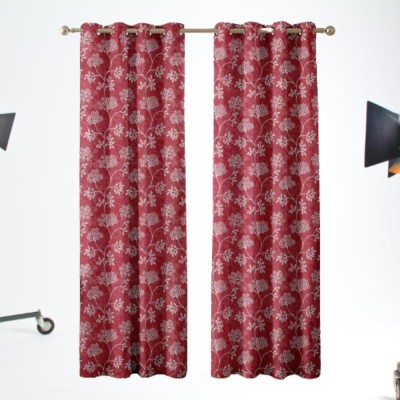 AREW 215 cm (7 ft) Polyester Room Darkening Door Curtain (Pack Of 2)(Floral, Red)