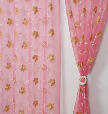 Homefab India 213.36 cm (7 ft) Door Polyester Transparent Curtain (Pack Of 2)(Pink, Floral)