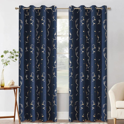 Urban Space 243 cm (8 ft) Long Door Polyester Blackout Curtain Single Curtain(Floral Vine Navy Blue, Printed)