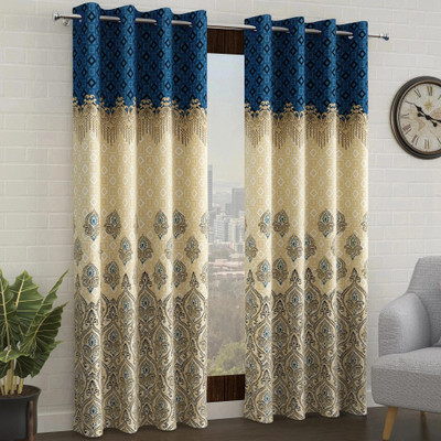 Story@home 215 cm (7 ft) Door Polyester Semi Transparent Curtain (Pack Of 2)(Blue, Ivory, Printed)
