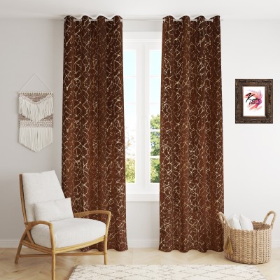 HudHud Furnishings 152 cm (5 ft) Velvet Room Darkening Window Curtain (Pack Of 2)(Motif, Dark Brown-texture)