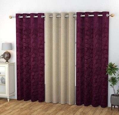 Benchmark 182.8 cm (6 ft) Window Velvet Room Darkening Curtain (Pack Of 3)(Wine & Cream, Floral)