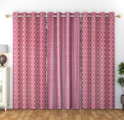 KNIT VIBES 275 cm (9 ft) Polyester Room Darkening Long Door Curtain (Pack Of 3)(Checkered, Pink)