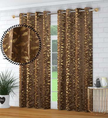 VELOURA 274.32 cm (9 ft) Long Door Velvet Room Darkening Curtain (Pack Of 2)(Light Brown, Floral)