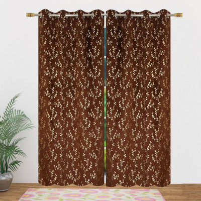 VELOURA 152.4 cm (5 ft) Window Velvet Room Darkening Curtain (Pack Of 2)(Brown, Floral)