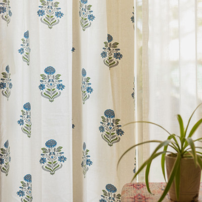 Urban Space 152 cm (5 ft) Cotton Room Darkening Window Curtain (Pack Of 2)(Floral, Liberty Blue)