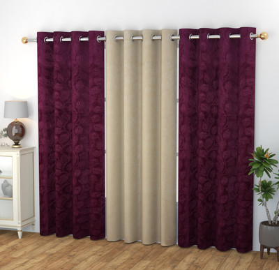 Benchmark 213.3 cm (7 ft) Door Polyester Blackout Curtain (Pack Of 3)(2 Wine + 1 Cream, Geometric)