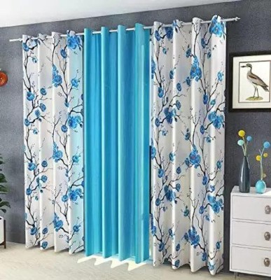 HEU 213.36 cm (7 ft) Polyester Semi Transparent Door Curtain (Pack Of 3)(Floral, Blue)