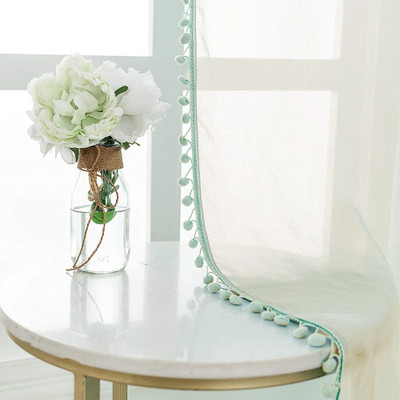 Urban Space 243 cm (8 ft) Long Door Polyester Semi Transparent Curtain (Pack Of 2)(Mint Green with pom pom, Solid)