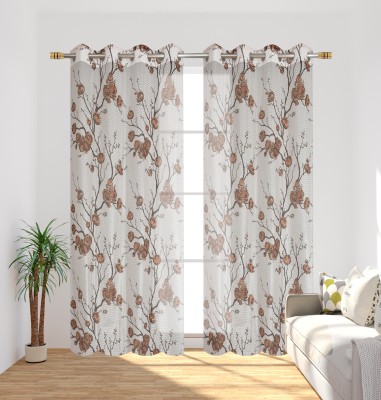 HOMECROWN 213 cm (7 ft) Net Semi Transparent Door Curtain (Pack Of 2)(Floral, Brown)