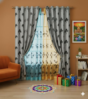 TWOLOVER 213 cm (7 ft) Long Door Cotton Blackout Curtain Single Curtain(Blue, Printed)
