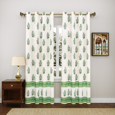 Blocks Of India 210 cm (7 ft) Door Cotton Semi Transparent Curtain (Pack Of 2)(Green, Printed)