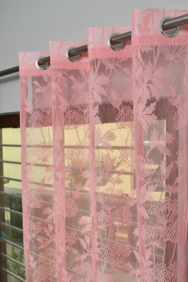tiyos 275 cm (9 ft) Net Semi Transparent Long Door Curtain Single Curtain(Floral, Pink)