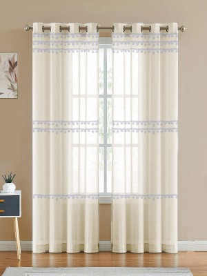HOMEMONDE 274 cm (9 ft) Cotton Transparent Long Door Curtain (Pack Of 2)(Plain, Beige Multi Pompom)