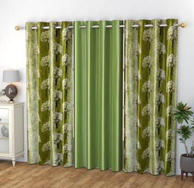 GOYTEX 243.84 cm (8 ft) Polyester Room Darkening Long Door Curtain (Pack Of 3)(Printed, Solid, Green)