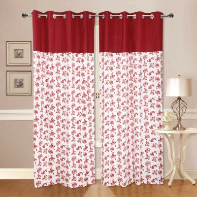 Dekor World 150 cm (5 ft) Cotton Semi Transparent Window Curtain (Pack Of 2)(Floral, Maroon)