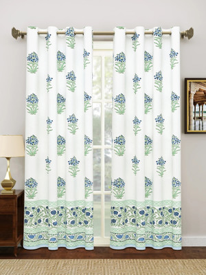 Blocks Of India 210 cm (7 ft) Door Cotton Semi Transparent Curtain (Pack Of 2)(Blue, White, Printed)