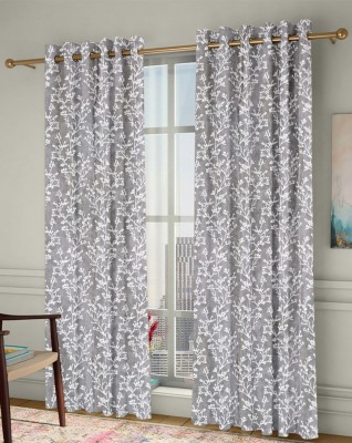 Homefab India 213.36 cm (7 ft) Polyester Room Darkening Door Curtain (Pack Of 2)(Floral, Grey, White)
