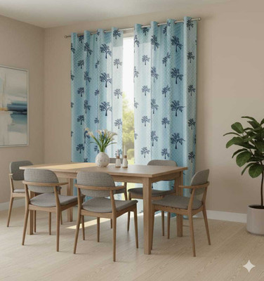 TWOLOVER 213 cm (7 ft) Long Door Cotton Blackout Curtain (Pack Of 2)(Blue, Printed)