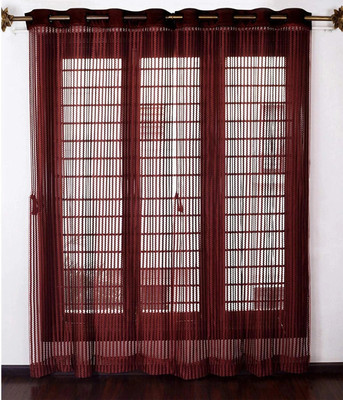 BANAVY 152 cm (5 ft) Window Tissue, Net Semi Transparent Curtain (Pack Of 2)(Maroon, Striped)