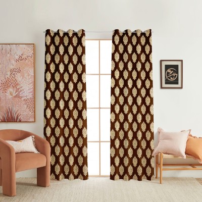 AH-DECOR 275 cm (9 ft) Velvet Room Darkening Long Door Curtain (Pack Of 2)(Floral, Brown, Zari work)