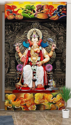 WARISI 274 cm (9 ft) Long Door Polyester Semi Transparent Curtain Single Curtain(Ganes ji yellow patta mandir, temple, bhagwan ,pooja Room curtain, 3D Printed)