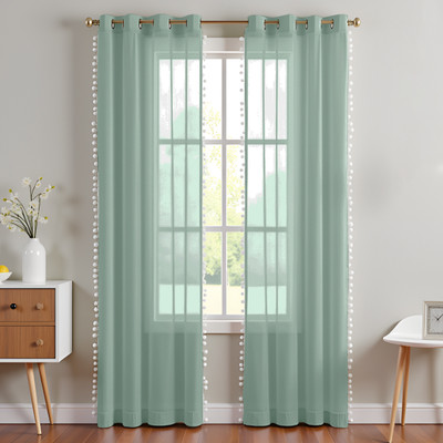 HOMEMONDE 213.36 cm (7 ft) Door Cotton Transparent Curtain (Pack Of 2)(Silver Grey Border Pompm, Embroidered)