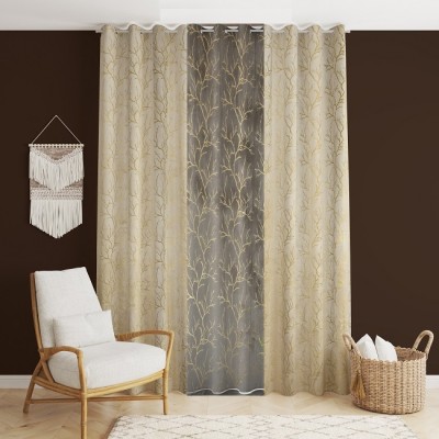 NAVSANG 274.32 cm (9 ft) Velvet Room Darkening Long Door Curtain (Pack Of 3)(Printed, 2 Pc Cream +1 Pc Grey)