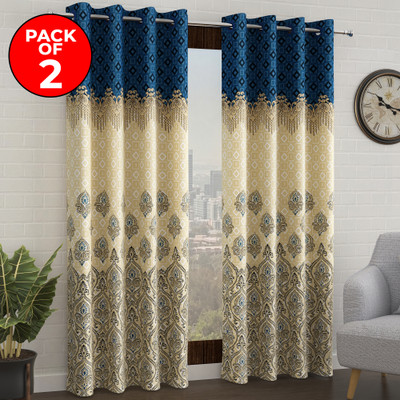 Story@home 275 cm (9 ft) Long Door Polyester Semi Transparent Curtain (Pack Of 2)(Blue, Ivory, Printed)