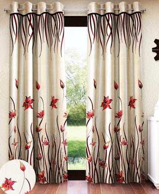 Home Sizzler 213 cm (7 ft) Door Polyester Semi Transparent Curtain (Pack Of 2)(Cream, Maroon, Printed)