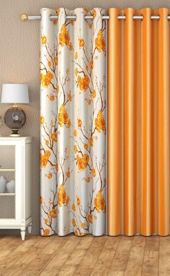 NAVSANG 213 cm (7 ft) Polyester Room Darkening Door Curtain (Pack Of 2)(Floral, 1 Pc print & 1 pc plain orange)