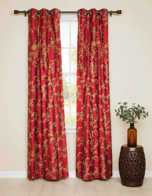 UBH 153 cm (5 ft) Window Polyester Semi Transparent Curtain (Pack Of 2)(Red, Embroidered)