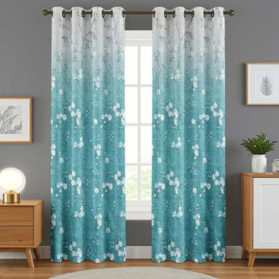 Kraftiq Homes 274 cm (9 ft) Long Door Polyester Room Darkening Curtain (Pack Of 2)(Teal Bloom, 3D Printed)