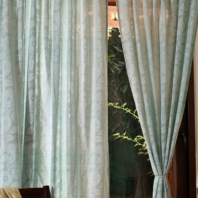Peepul Tree 213.36 cm (7 ft) Door Cotton Semi Transparent Curtain (Pack Of 2)(Teal Green, Floral)