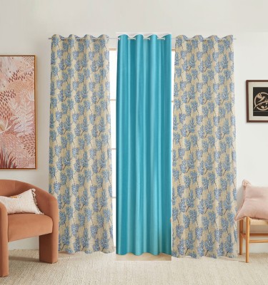 croox 215 cm (7 ft) Polyester Room Darkening Door Curtain (Pack Of 3)(Floral, AQUA)