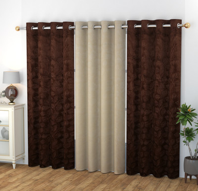 Benchmark 152.4 cm (5 ft) Window Polyester Blackout Curtain (Pack Of 3)(2 Brown + 1 Cream, Geometric)