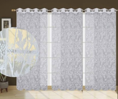 KNIT VIBES 274 cm (9 ft) Net Semi Transparent Long Door Curtain (Pack Of 3)(Floral, White)
