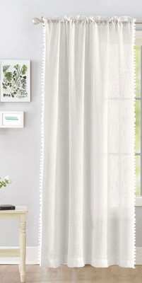 HOMEMONDE 274 cm (9 ft) Long Door Cotton Transparent Curtain Single Curtain(White Border Pompom, Self Design)