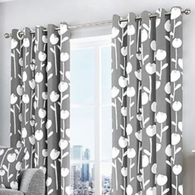 Tample Fab 214 cm (7 ft) Polyester Room Darkening Door Curtain (Pack Of 2)(Floral, Grey)