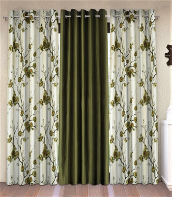 Fashion String 153 cm (5 ft) Window Polyester Semi Transparent Curtain (Pack Of 3)(Green, Floral)