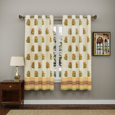Blocks Of India 150 cm (5 ft) Window Cotton Semi Transparent Curtain (Pack Of 2)(Yellow, Printed)