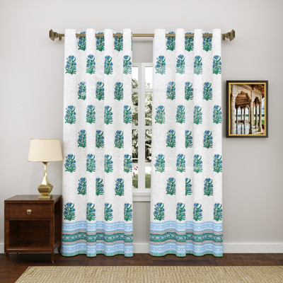 Blocks Of India 210 cm (7 ft) Door Cotton Semi Transparent Curtain (Pack Of 2)(BLUE WHITE, Printed)
