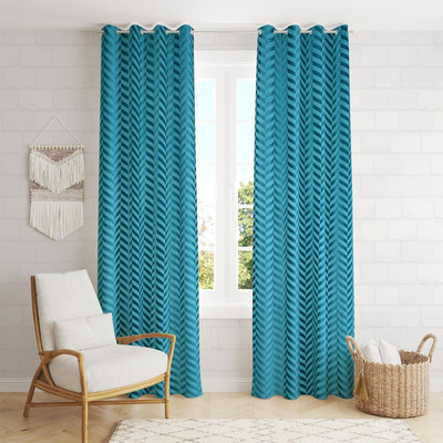 Kraftiq Homes 214 cm (7 ft) Door Velvet Room Darkening Curtain (Pack Of 2)(Aqua, Geometric)