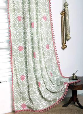 Tranquebar Curtain Co. 244 cm (8 ft) Long Door Cotton Room Darkening Curtain Single Curtain(Green-Pink, Geometric)
